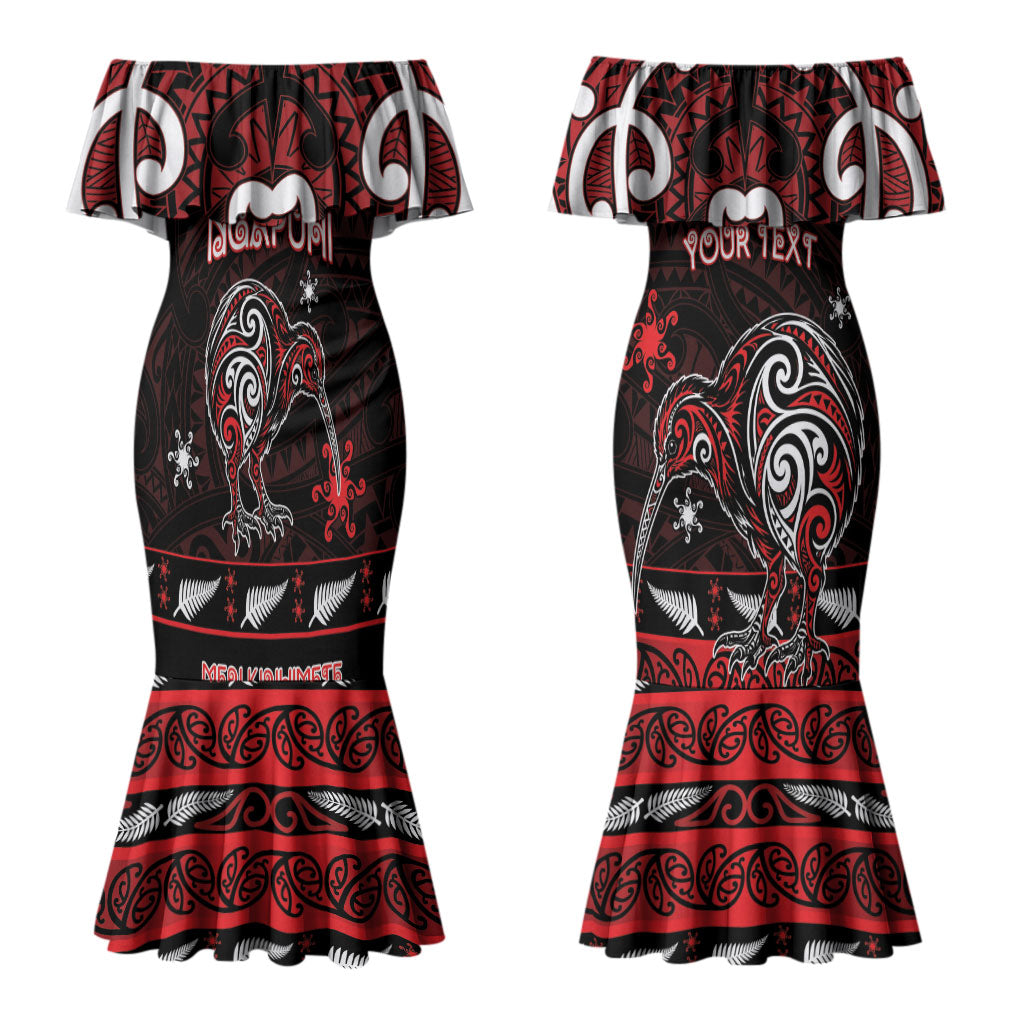 Personalised Ngapuhi Aotearoa Meri Kirihimete Couples Matching Mermaid Dress and Long Sleeve Button Shirt Maori Kiwi Bird Silver Fern Koru Pattern