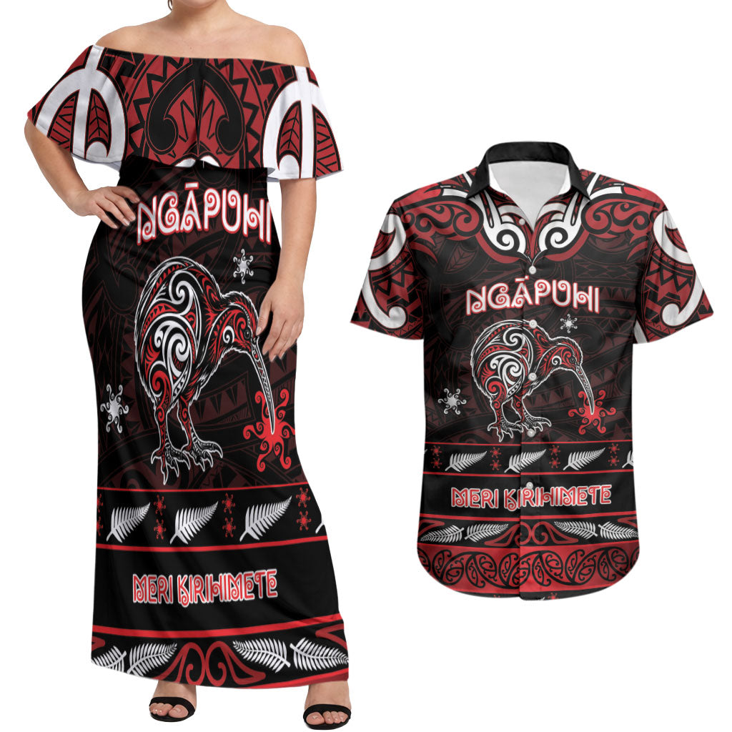 Personalised Ngapuhi Aotearoa Meri Kirihimete Couples Matching Off Shoulder Maxi Dress and Hawaiian Shirt Maori Kiwi Bird Silver Fern Koru Pattern
