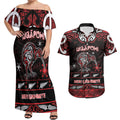 Personalised Ngapuhi Aotearoa Meri Kirihimete Couples Matching Off Shoulder Maxi Dress and Hawaiian Shirt Maori Kiwi Bird Silver Fern Koru Pattern