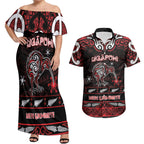 Personalised Ngapuhi Aotearoa Meri Kirihimete Couples Matching Off Shoulder Maxi Dress and Hawaiian Shirt Maori Kiwi Bird Silver Fern Koru Pattern