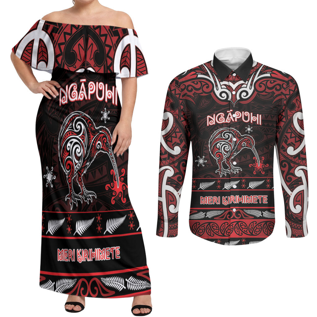 Personalised Ngapuhi Aotearoa Meri Kirihimete Couples Matching Off Shoulder Maxi Dress and Long Sleeve Button Shirt Maori Kiwi Bird Silver Fern Koru Pattern