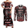 Personalised Ngapuhi Aotearoa Meri Kirihimete Couples Matching Off Shoulder Maxi Dress and Long Sleeve Button Shirt Maori Kiwi Bird Silver Fern Koru Pattern