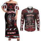 Personalised Ngapuhi Aotearoa Meri Kirihimete Couples Matching Off Shoulder Maxi Dress and Long Sleeve Button Shirt Maori Kiwi Bird Silver Fern Koru Pattern