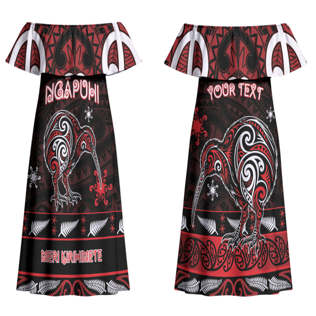 Personalised Ngapuhi Aotearoa Meri Kirihimete Couples Matching Off Shoulder Maxi Dress and Long Sleeve Button Shirt Maori Kiwi Bird Silver Fern Koru Pattern