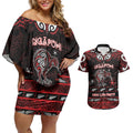Personalised Ngapuhi Aotearoa Meri Kirihimete Couples Matching Off Shoulder Short Dress and Hawaiian Shirt Maori Kiwi Bird Silver Fern Koru Pattern