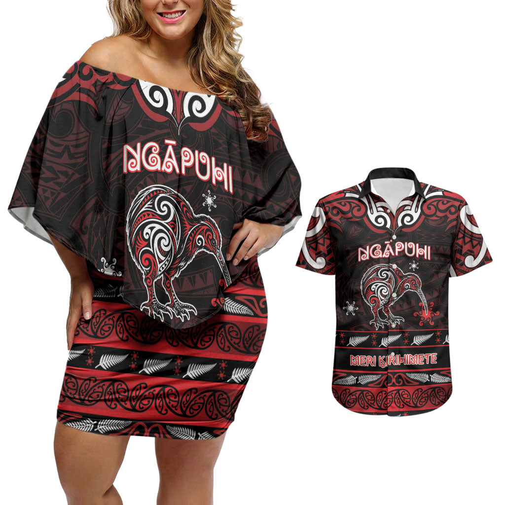 Personalised Ngapuhi Aotearoa Meri Kirihimete Couples Matching Off Shoulder Short Dress and Hawaiian Shirt Maori Kiwi Bird Silver Fern Koru Pattern