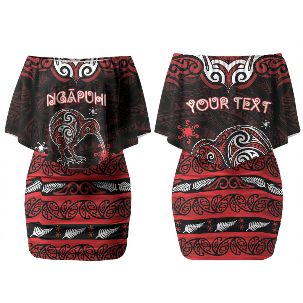 Personalised Ngapuhi Aotearoa Meri Kirihimete Couples Matching Off Shoulder Short Dress and Hawaiian Shirt Maori Kiwi Bird Silver Fern Koru Pattern