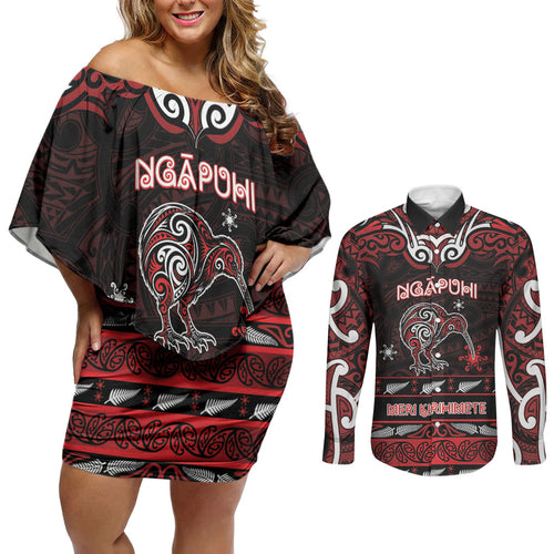 Personalised Ngapuhi Aotearoa Meri Kirihimete Couples Matching Off Shoulder Short Dress and Long Sleeve Button Shirt Maori Kiwi Bird Silver Fern Koru Pattern