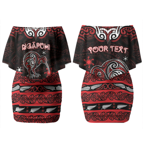 Personalised Ngapuhi Aotearoa Meri Kirihimete Couples Matching Off Shoulder Short Dress and Long Sleeve Button Shirt Maori Kiwi Bird Silver Fern Koru Pattern