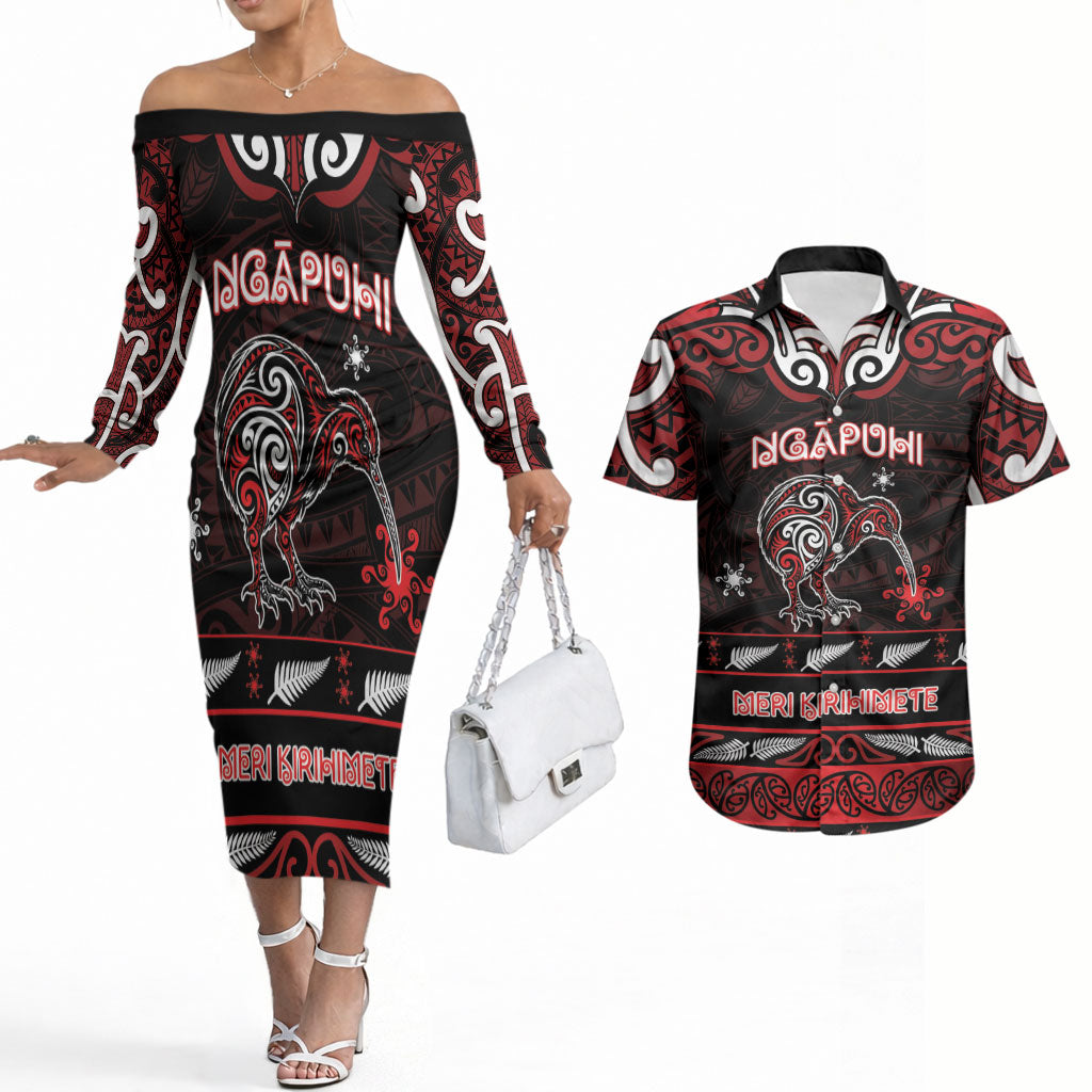 Personalised Ngapuhi Aotearoa Meri Kirihimete Couples Matching Off The Shoulder Long Sleeve Dress and Hawaiian Shirt Maori Kiwi Bird Silver Fern Koru Pattern