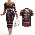 Personalised Ngapuhi Aotearoa Meri Kirihimete Couples Matching Off The Shoulder Long Sleeve Dress and Hawaiian Shirt Maori Kiwi Bird Silver Fern Koru Pattern