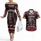 Personalised Ngapuhi Aotearoa Meri Kirihimete Couples Matching Off The Shoulder Long Sleeve Dress and Hawaiian Shirt Maori Kiwi Bird Silver Fern Koru Pattern