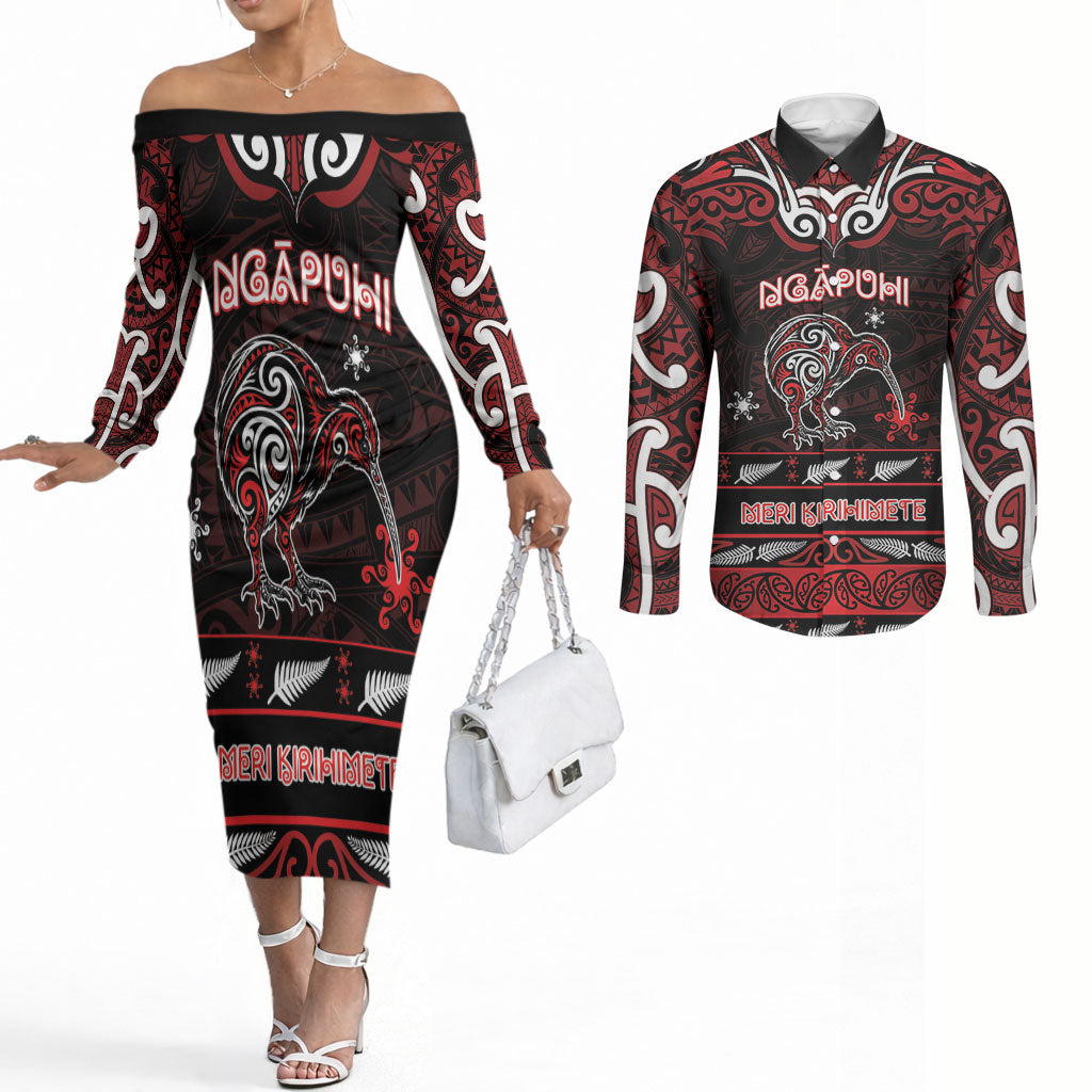 Personalised Ngapuhi Aotearoa Meri Kirihimete Couples Matching Off The Shoulder Long Sleeve Dress and Long Sleeve Button Shirt Maori Kiwi Bird Silver Fern Koru Pattern