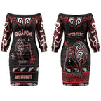 Personalised Ngapuhi Aotearoa Meri Kirihimete Couples Matching Off The Shoulder Long Sleeve Dress and Long Sleeve Button Shirt Maori Kiwi Bird Silver Fern Koru Pattern