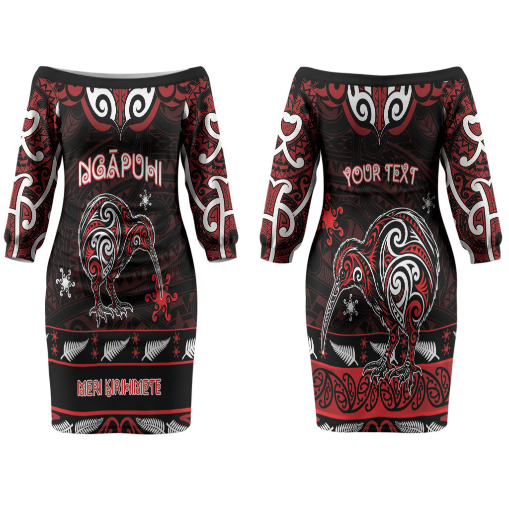 Personalised Ngapuhi Aotearoa Meri Kirihimete Couples Matching Off The Shoulder Long Sleeve Dress and Long Sleeve Button Shirt Maori Kiwi Bird Silver Fern Koru Pattern