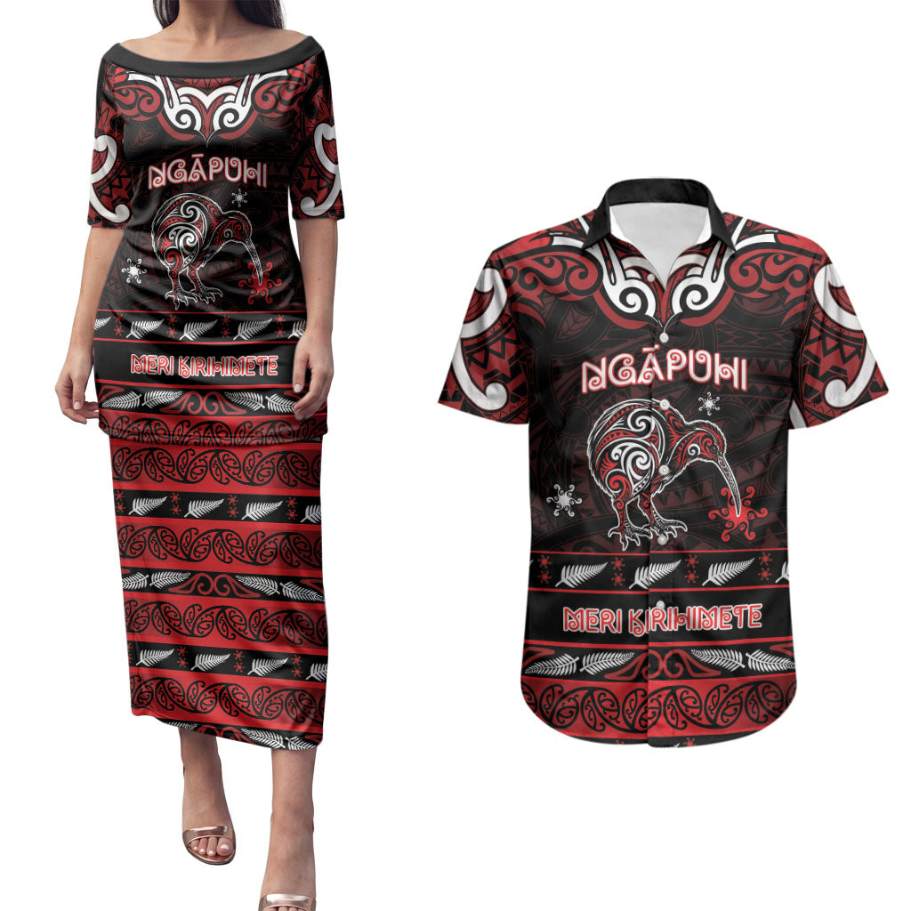Personalised Ngapuhi Aotearoa Meri Kirihimete Couples Matching Puletasi and Hawaiian Shirt Maori Kiwi Bird Silver Fern Koru Pattern