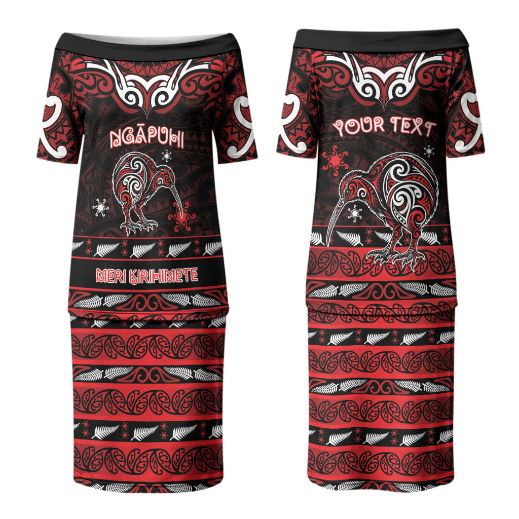 Personalised Ngapuhi Aotearoa Meri Kirihimete Couples Matching Puletasi and Long Sleeve Button Shirt Maori Kiwi Bird Silver Fern Koru Pattern