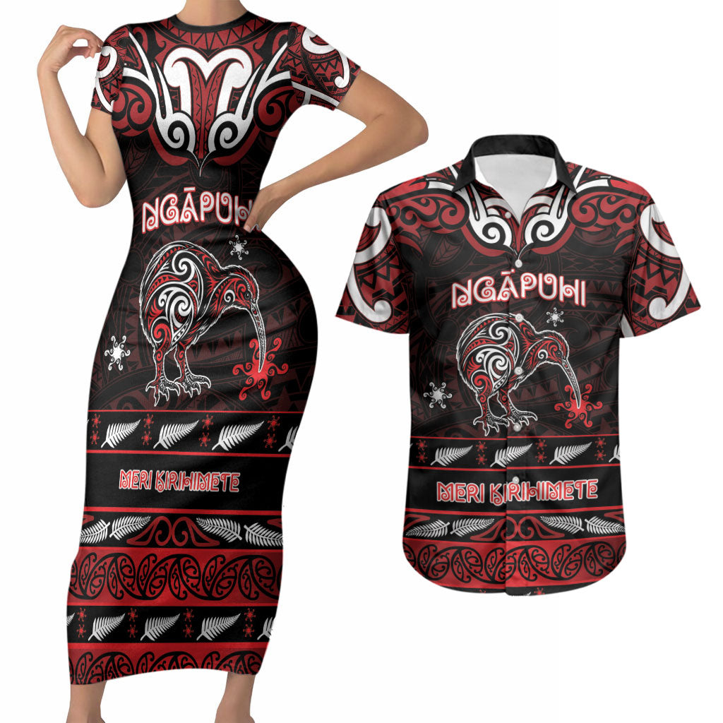 Personalised Ngapuhi Aotearoa Meri Kirihimete Couples Matching Short Sleeve Bodycon Dress and Hawaiian Shirt Maori Kiwi Bird Silver Fern Koru Pattern