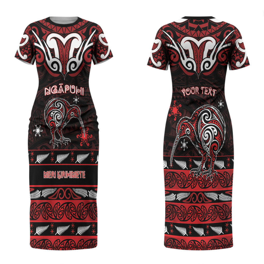 Personalised Ngapuhi Aotearoa Meri Kirihimete Couples Matching Short Sleeve Bodycon Dress and Hawaiian Shirt Maori Kiwi Bird Silver Fern Koru Pattern