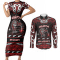 Personalised Ngapuhi Aotearoa Meri Kirihimete Couples Matching Short Sleeve Bodycon Dress and Long Sleeve Button Shirt Maori Kiwi Bird Silver Fern Koru Pattern