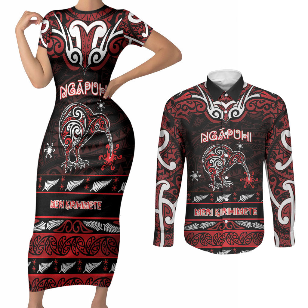 Personalised Ngapuhi Aotearoa Meri Kirihimete Couples Matching Short Sleeve Bodycon Dress and Long Sleeve Button Shirt Maori Kiwi Bird Silver Fern Koru Pattern