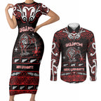 Personalised Ngapuhi Aotearoa Meri Kirihimete Couples Matching Short Sleeve Bodycon Dress and Long Sleeve Button Shirt Maori Kiwi Bird Silver Fern Koru Pattern