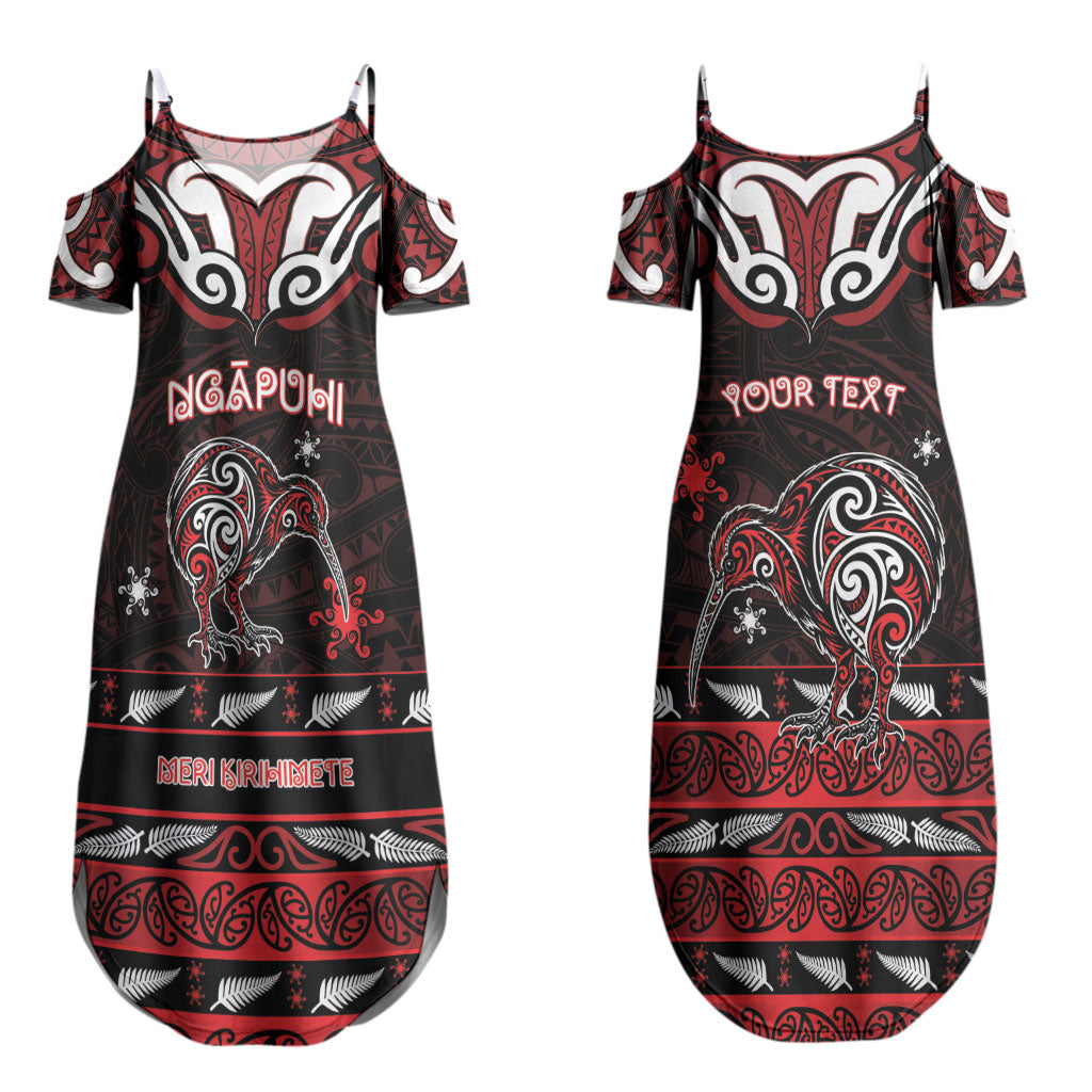 Personalised Ngapuhi Aotearoa Meri Kirihimete Couples Matching Summer Maxi Dress and Long Sleeve Button Shirt Maori Kiwi Bird Silver Fern Koru Pattern