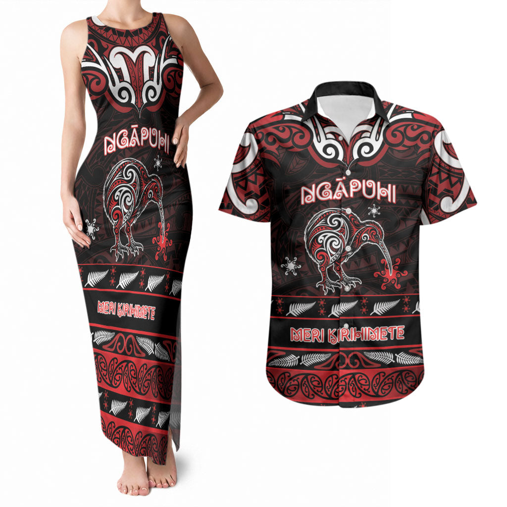Personalised Ngapuhi Aotearoa Meri Kirihimete Couples Matching Tank Maxi Dress and Hawaiian Shirt Maori Kiwi Bird Silver Fern Koru Pattern