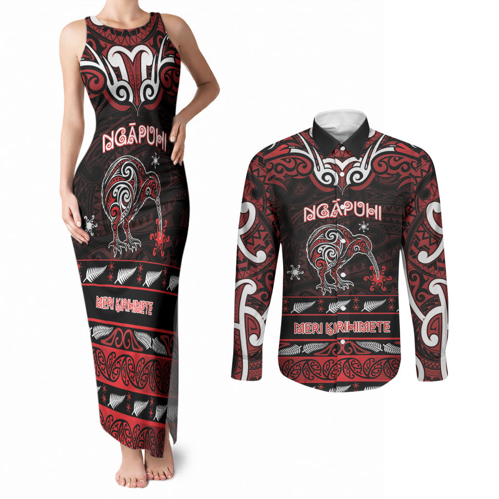 Personalised Ngapuhi Aotearoa Meri Kirihimete Couples Matching Tank Maxi Dress and Long Sleeve Button Shirt Maori Kiwi Bird Silver Fern Koru Pattern