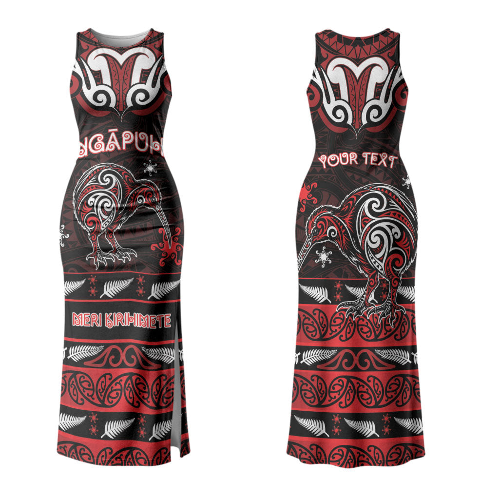Personalised Ngapuhi Aotearoa Meri Kirihimete Couples Matching Tank Maxi Dress and Long Sleeve Button Shirt Maori Kiwi Bird Silver Fern Koru Pattern