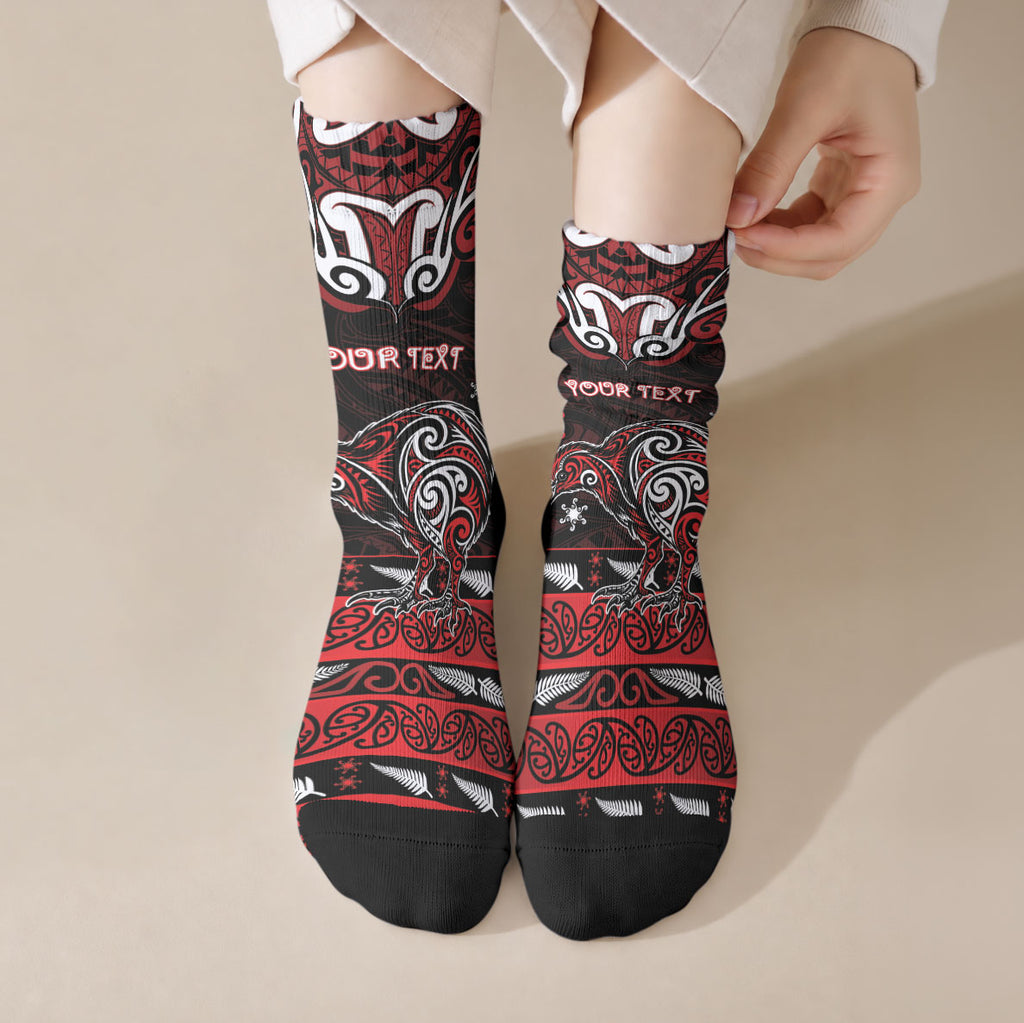 Personalised Ngapuhi Aotearoa Meri Kirihimete Crew Socks Maori Kiwi Bird Silver Fern Koru Pattern