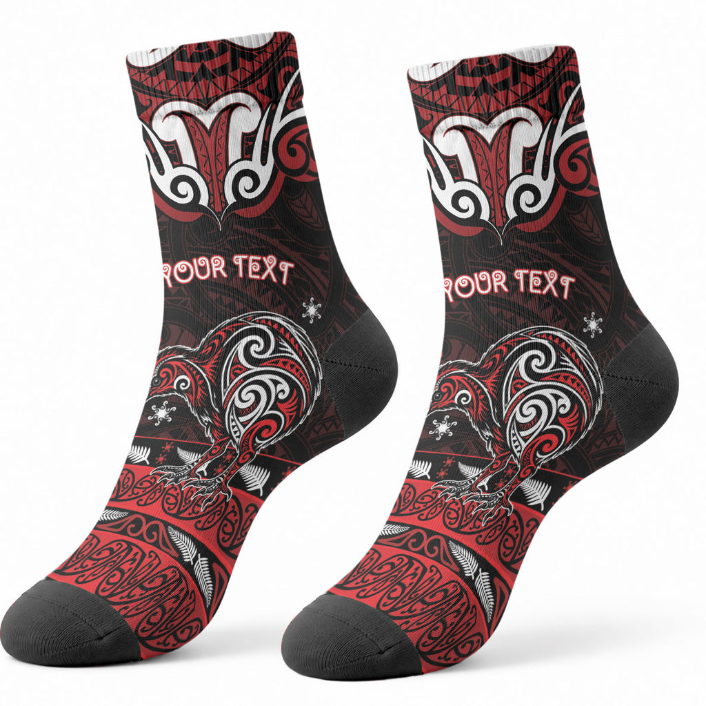 Personalised Ngapuhi Aotearoa Meri Kirihimete Crew Socks Maori Kiwi Bird Silver Fern Koru Pattern