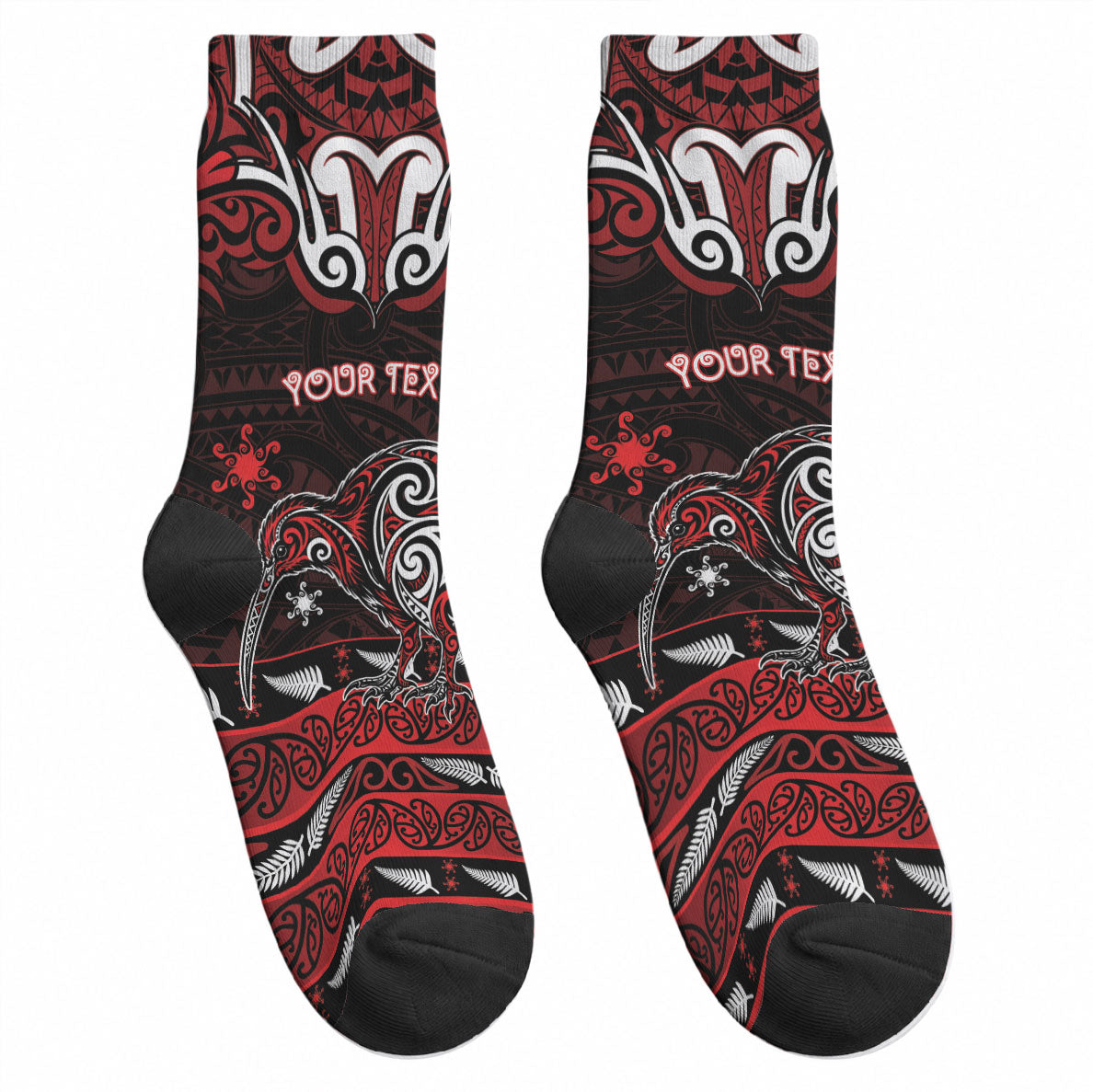 Personalised Ngapuhi Aotearoa Meri Kirihimete Crew Socks Maori Kiwi Bird Silver Fern Koru Pattern