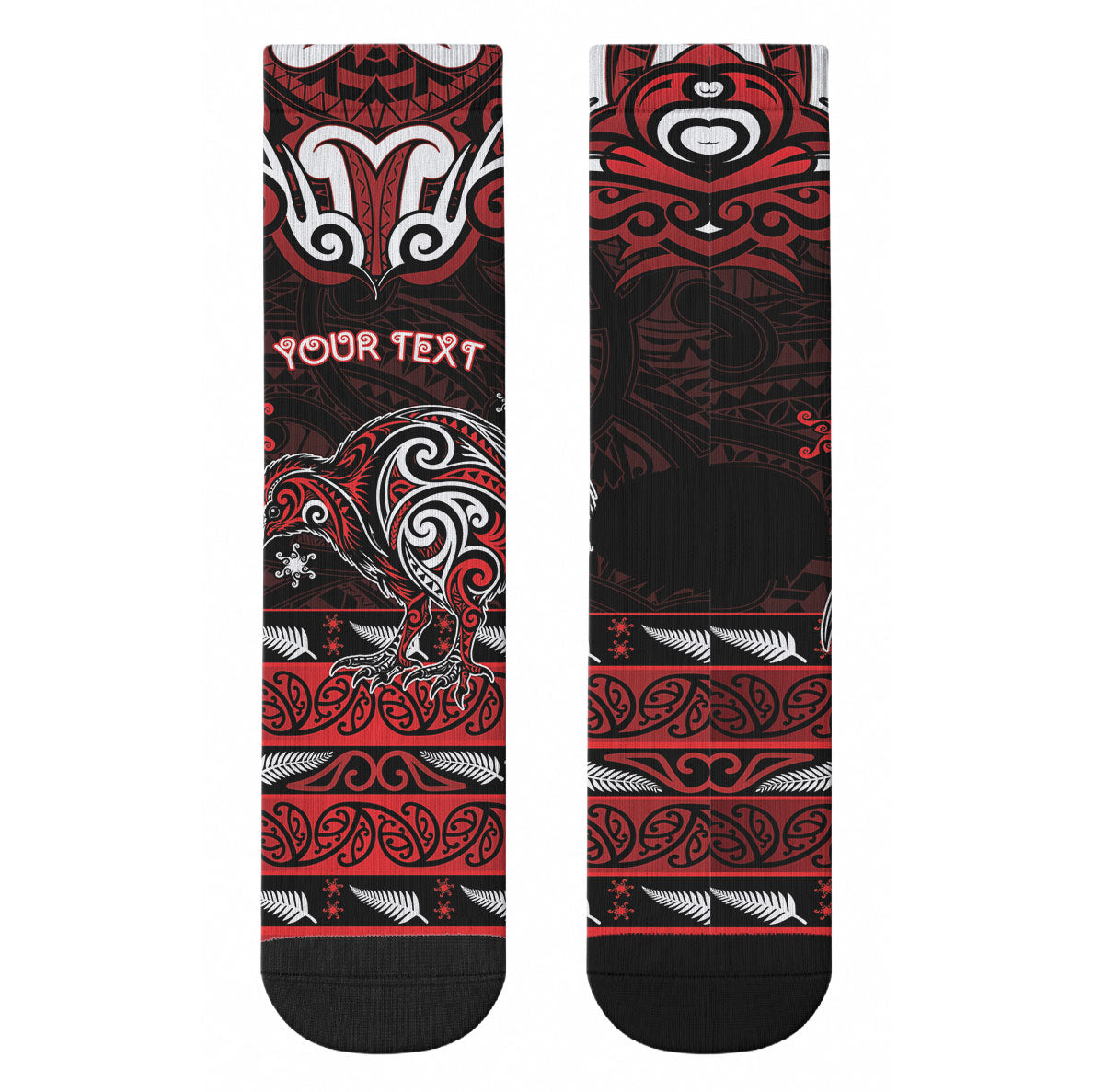 Personalised Ngapuhi Aotearoa Meri Kirihimete Crew Socks Maori Kiwi Bird Silver Fern Koru Pattern