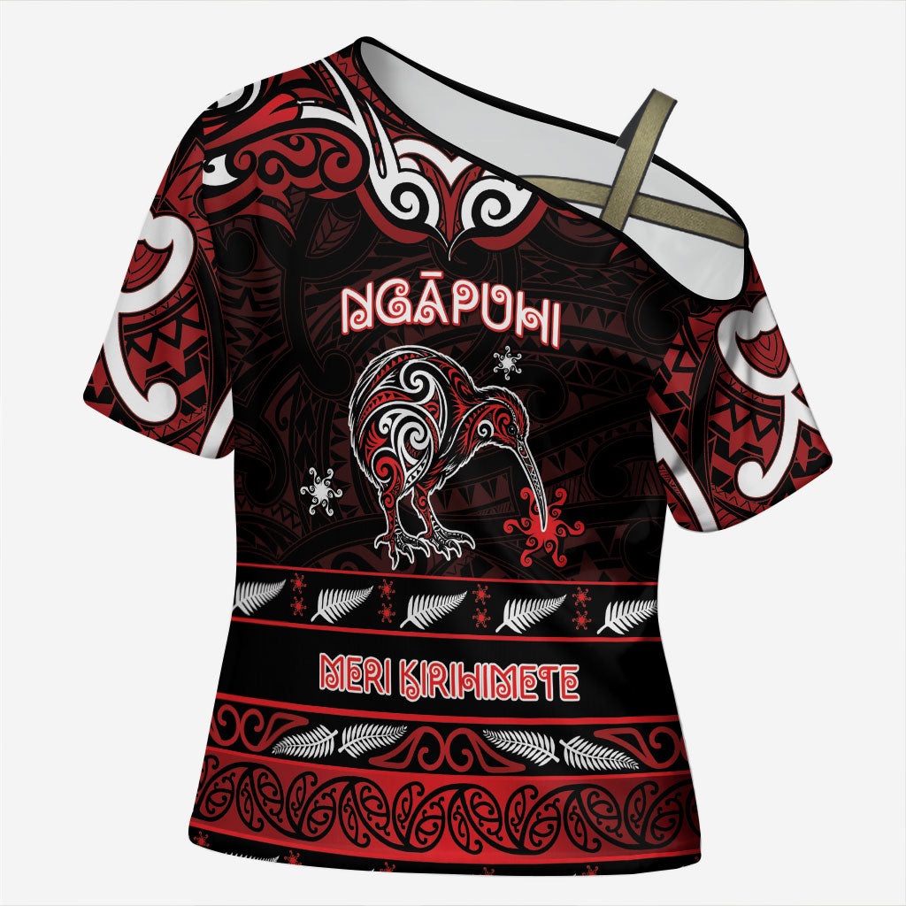 Personalised Ngapuhi Aotearoa Meri Kirihimete Cross Shoulder Shirt Maori Kiwi Bird Silver Fern Koru Pattern