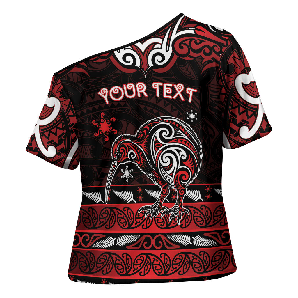 Personalised Ngapuhi Aotearoa Meri Kirihimete Cross Shoulder Shirt Maori Kiwi Bird Silver Fern Koru Pattern