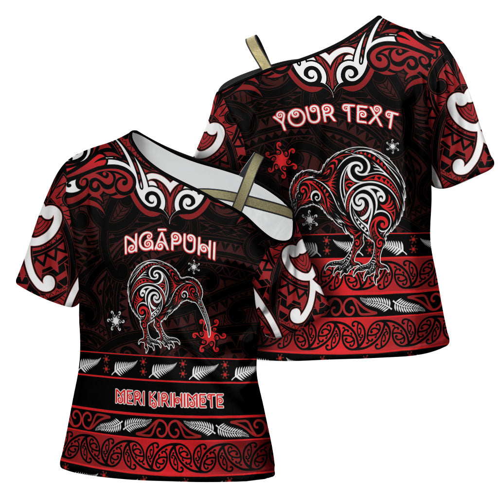 Personalised Ngapuhi Aotearoa Meri Kirihimete Cross Shoulder Shirt Maori Kiwi Bird Silver Fern Koru Pattern