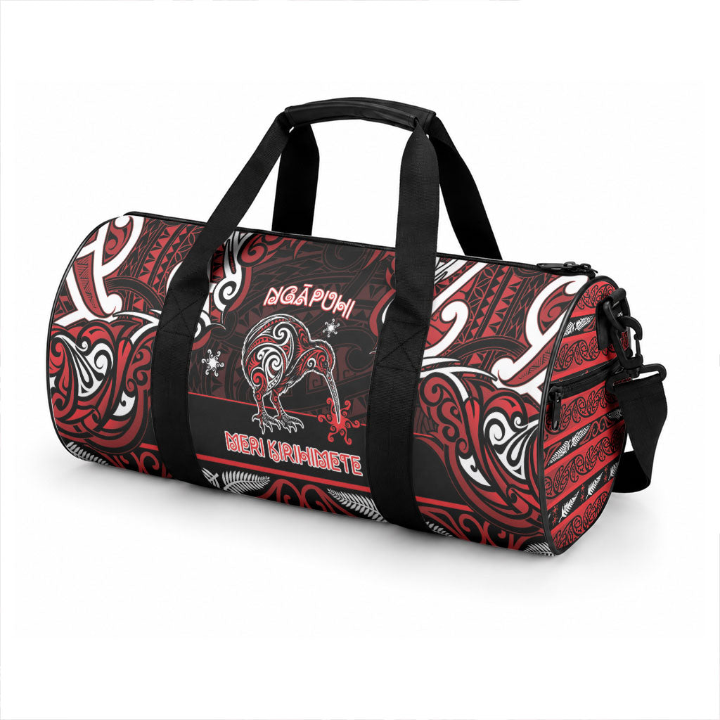 Ngapuhi Aotearoa Meri Kirihimete Duffle Bag Maori Kiwi Bird Silver Fern Koru Pattern