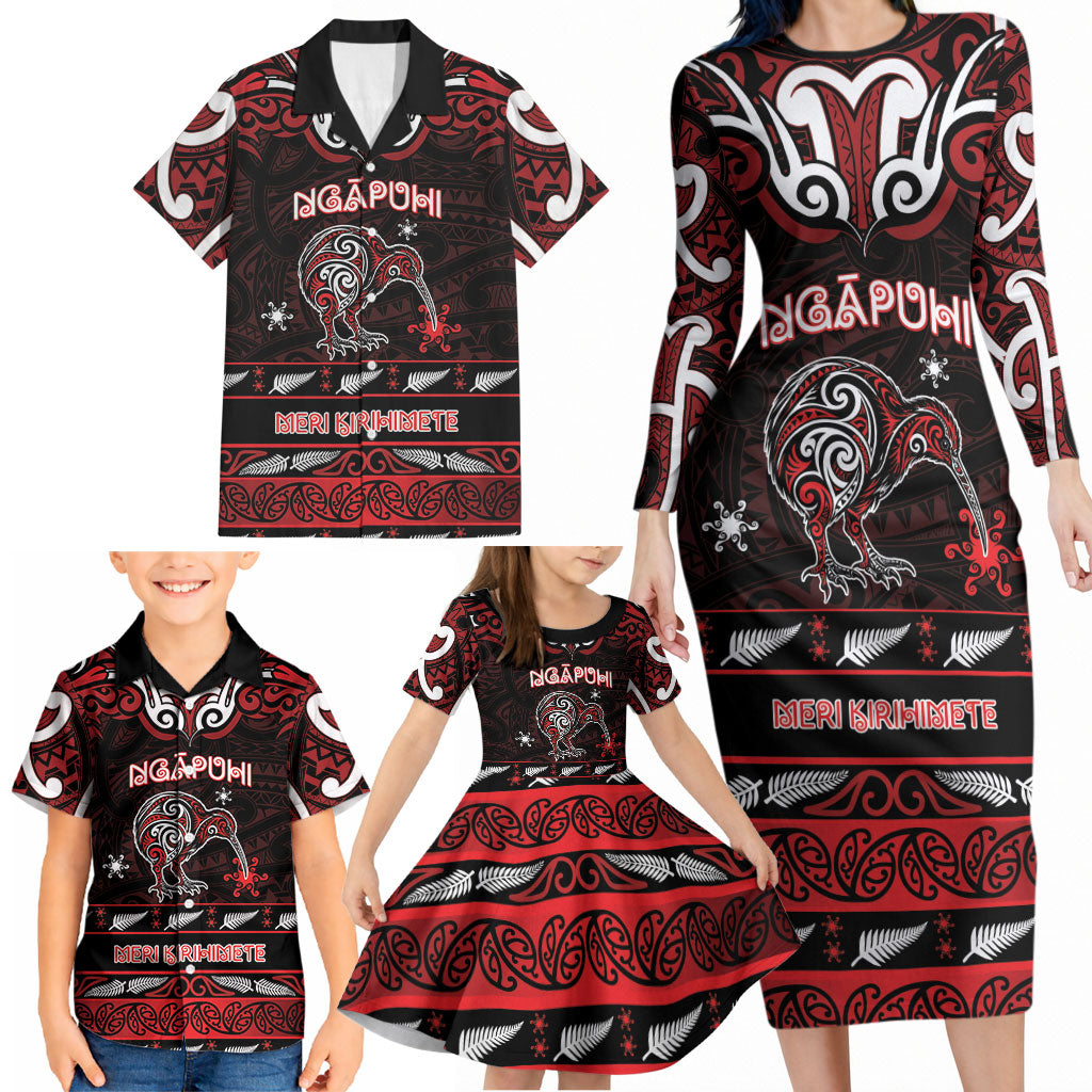 Personalised Ngapuhi Aotearoa Meri Kirihimete Family Matching Long Sleeve Bodycon Dress and Hawaiian Shirt Maori Kiwi Bird Silver Fern Koru Pattern