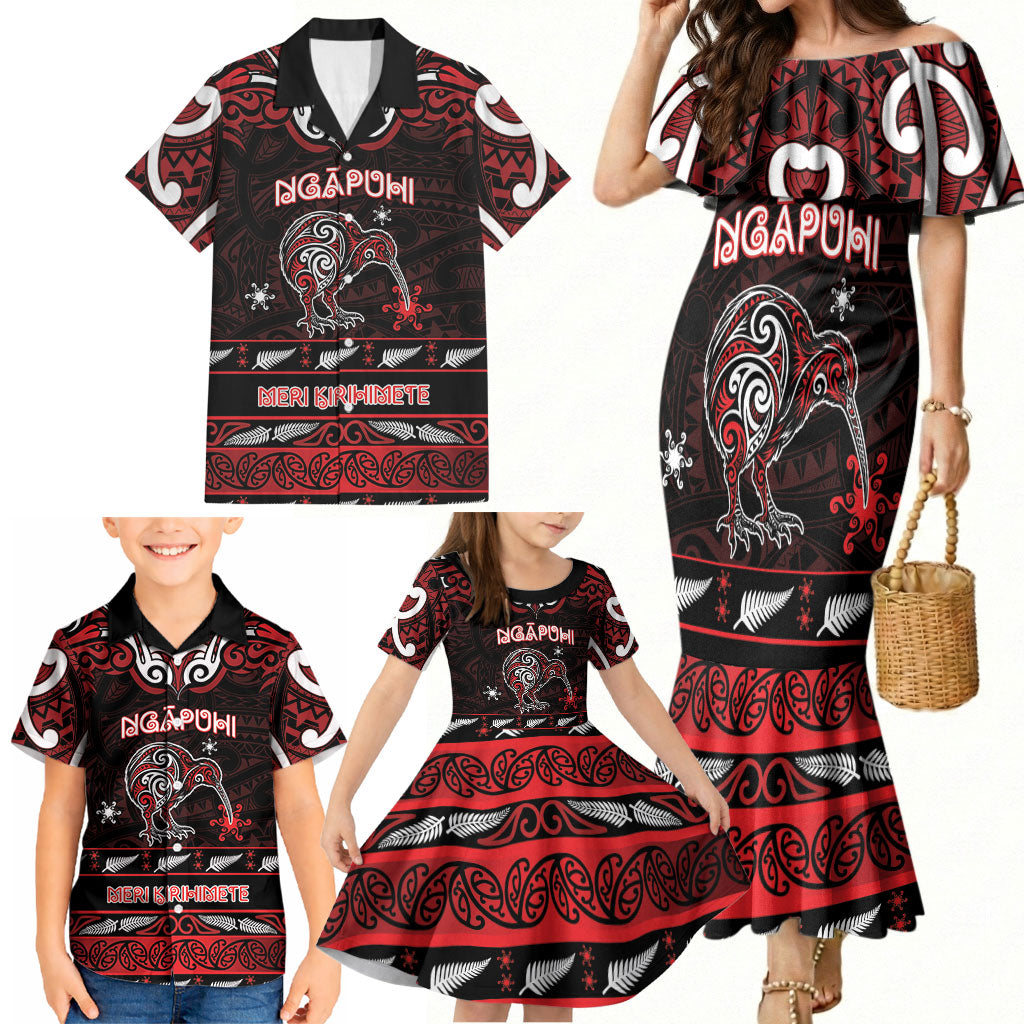 Personalised Ngapuhi Aotearoa Meri Kirihimete Family Matching Mermaid Dress and Hawaiian Shirt Maori Kiwi Bird Silver Fern Koru Pattern