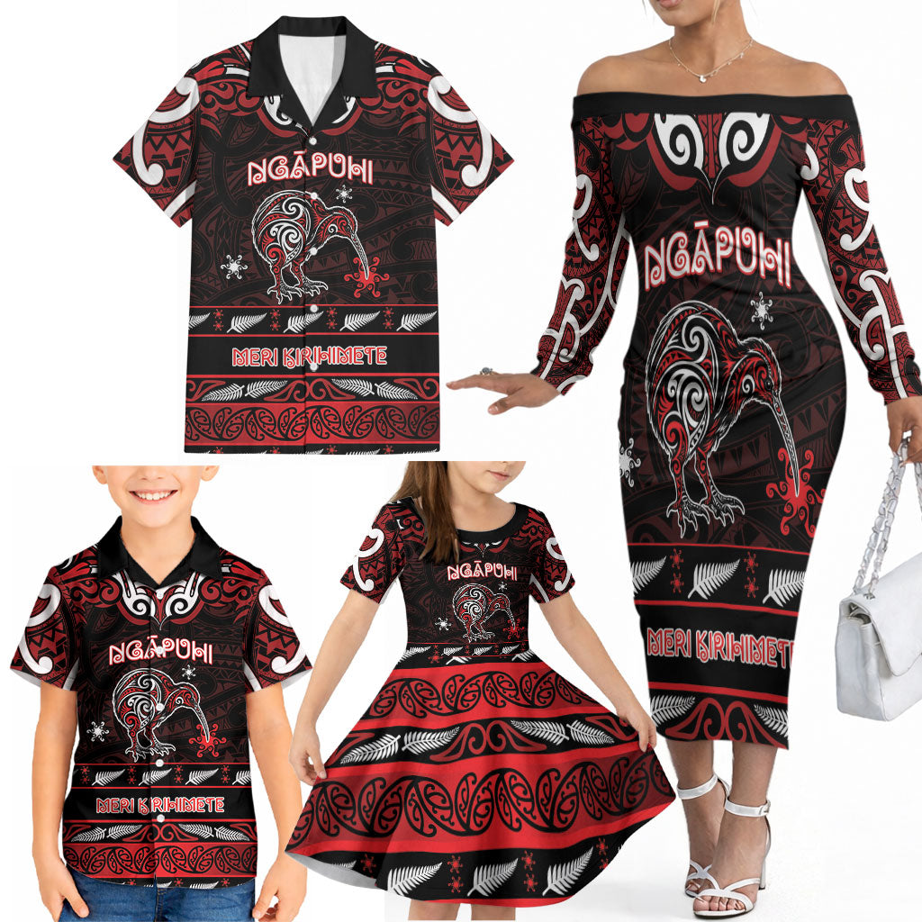 Personalised Ngapuhi Aotearoa Meri Kirihimete Family Matching Off The Shoulder Long Sleeve Dress and Hawaiian Shirt Maori Kiwi Bird Silver Fern Koru Pattern