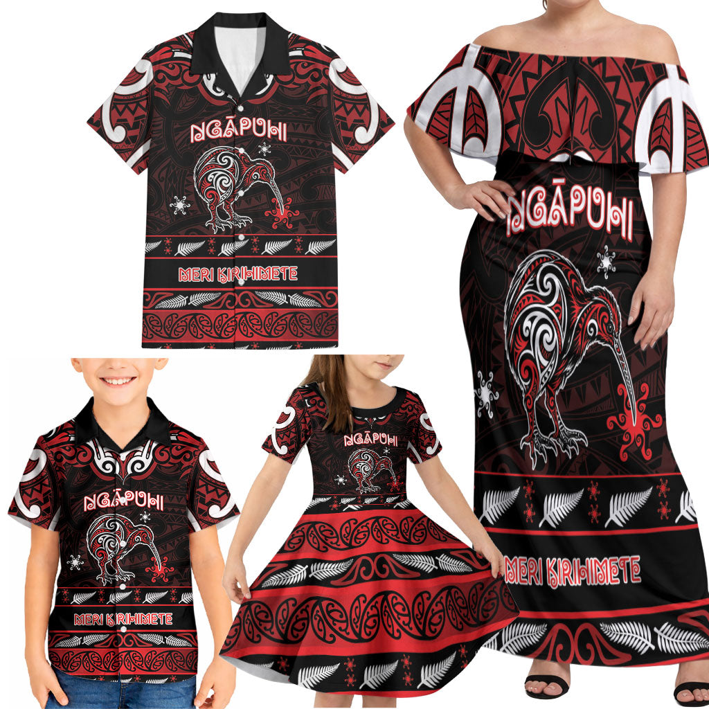 Personalised Ngapuhi Aotearoa Meri Kirihimete Family Matching Off Shoulder Maxi Dress and Hawaiian Shirt Maori Kiwi Bird Silver Fern Koru Pattern