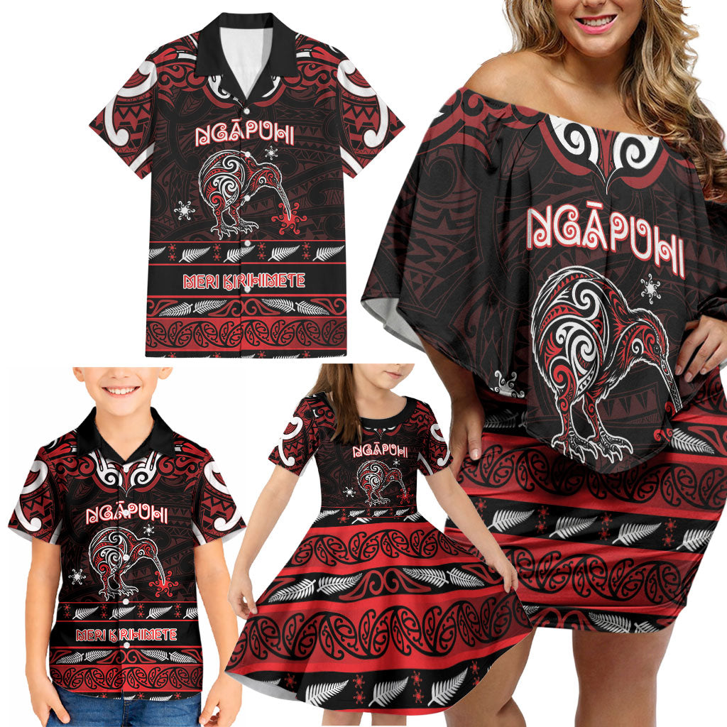 Personalised Ngapuhi Aotearoa Meri Kirihimete Family Matching Off Shoulder Short Dress and Hawaiian Shirt Maori Kiwi Bird Silver Fern Koru Pattern