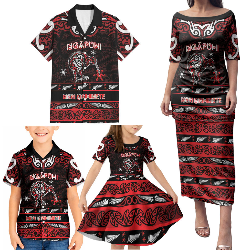 Personalised Ngapuhi Aotearoa Meri Kirihimete Family Matching Puletasi and Hawaiian Shirt Maori Kiwi Bird Silver Fern Koru Pattern