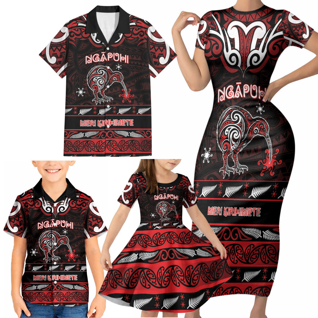Personalised Ngapuhi Aotearoa Meri Kirihimete Family Matching Short Sleeve Bodycon Dress and Hawaiian Shirt Maori Kiwi Bird Silver Fern Koru Pattern