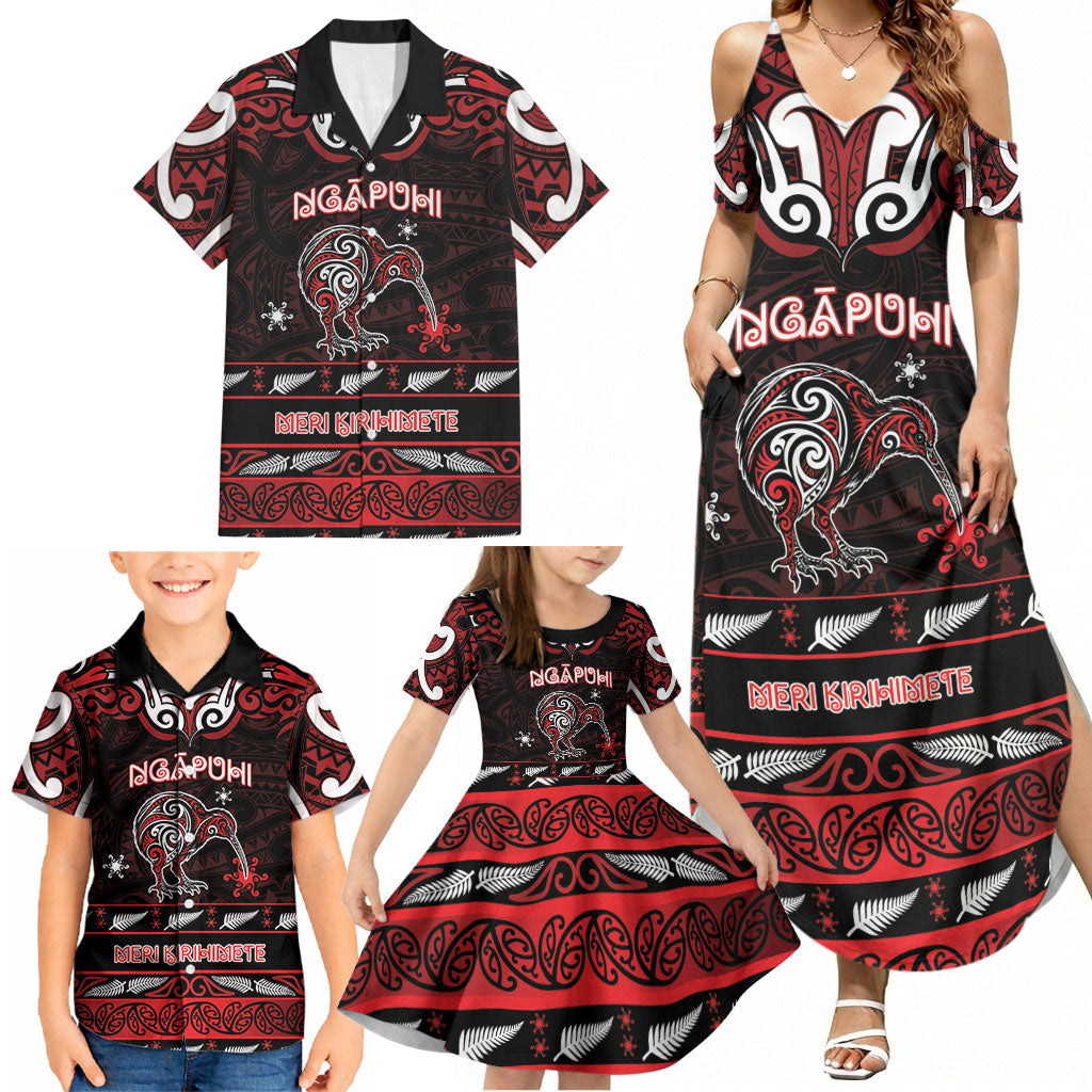 Personalised Ngapuhi Aotearoa Meri Kirihimete Family Matching Summer Maxi Dress and Hawaiian Shirt Maori Kiwi Bird Silver Fern Koru Pattern