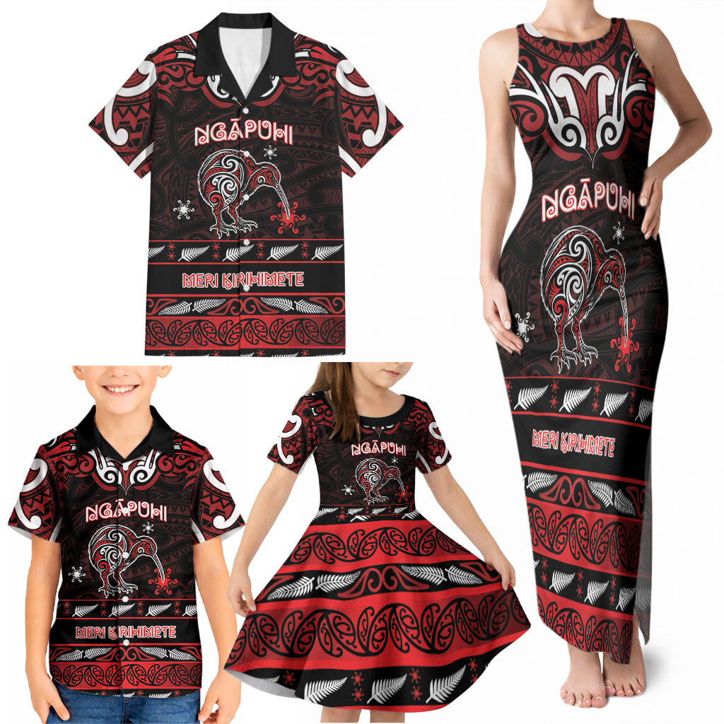 Personalised Ngapuhi Aotearoa Meri Kirihimete Family Matching Tank Maxi Dress and Hawaiian Shirt Maori Kiwi Bird Silver Fern Koru Pattern
