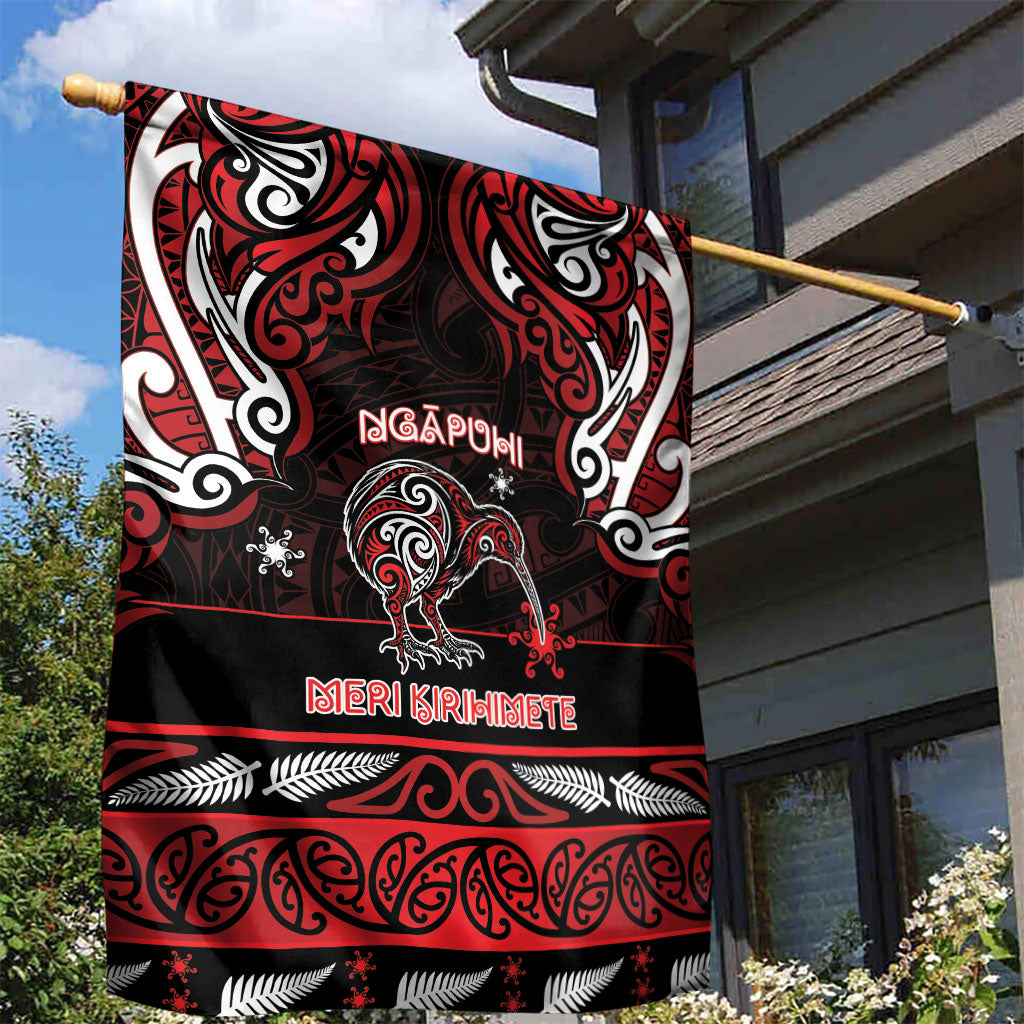 Ngapuhi Aotearoa Meri Kirihimete Garden Flag Maori Kiwi Bird Silver Fern Koru Pattern