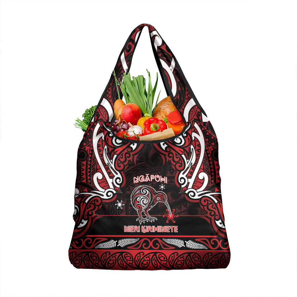 Ngapuhi Aotearoa Meri Kirihimete Grocery Bag Maori Kiwi Bird Silver Fern Koru Pattern