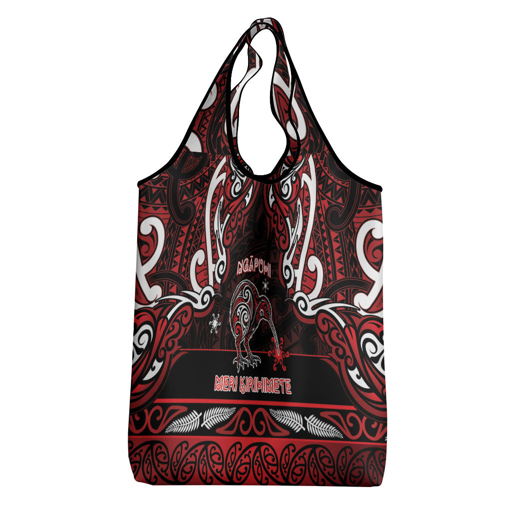 Ngapuhi Aotearoa Meri Kirihimete Grocery Bag Maori Kiwi Bird Silver Fern Koru Pattern